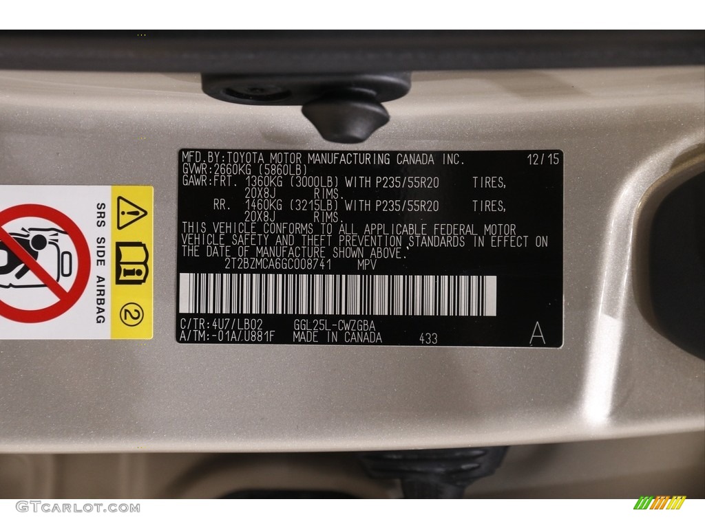 2016 Lexus RX 350 AWD Color Code Photos
