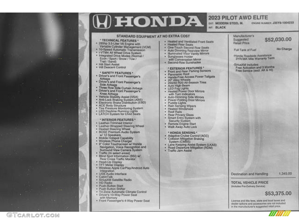 2023 Honda Pilot Elite AWD Window Sticker Photo #145805103