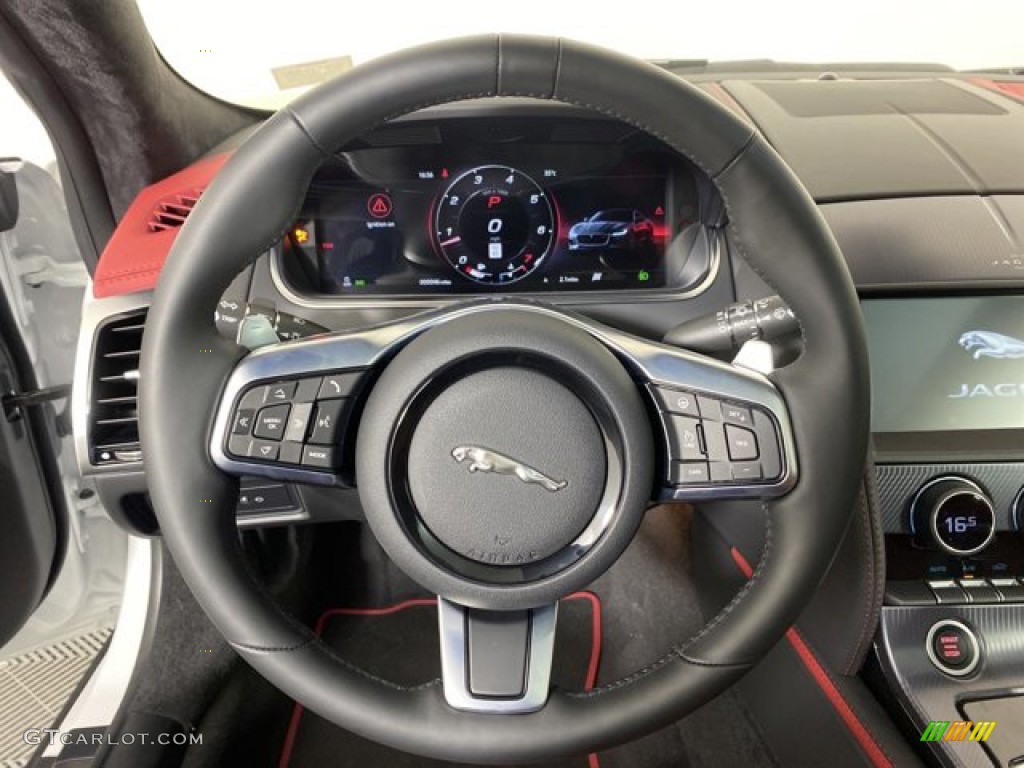 2023 Jaguar F-TYPE P450 AWD R-Dynamic Coupe Mars Red/Flame Red Stitching Steering Wheel Photo #145816325