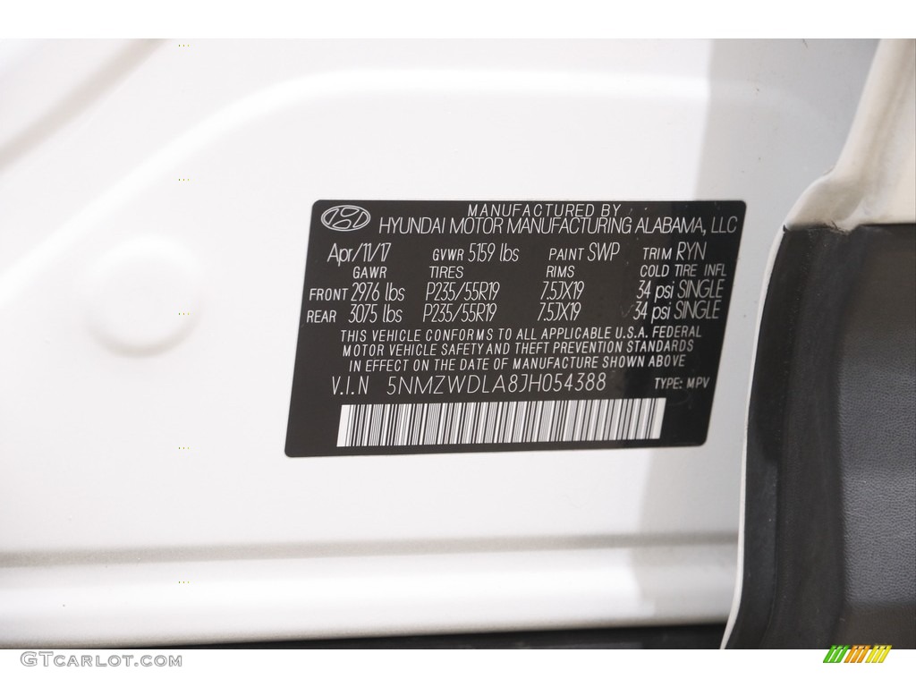 2018 Santa Fe Sport Color Code SWP for Pearl White Photo #145828266