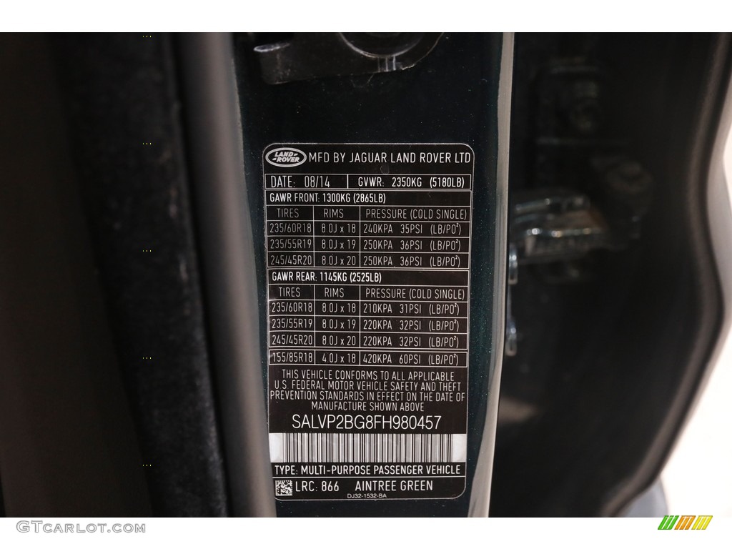 2015 Range Rover Evoque Color Code 866 for Aintree Green Metallic Photo #145834257
