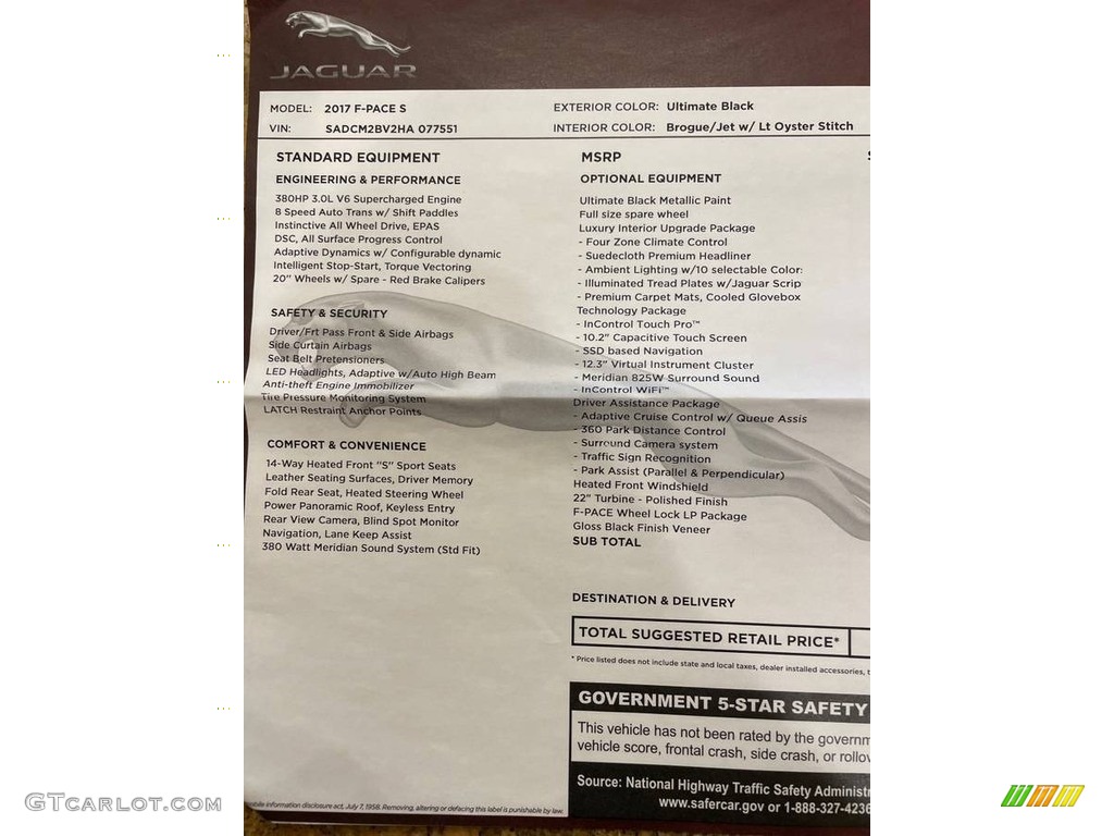 2017 Jaguar F-PACE 35t AWD S Window Sticker Photo #145883942
