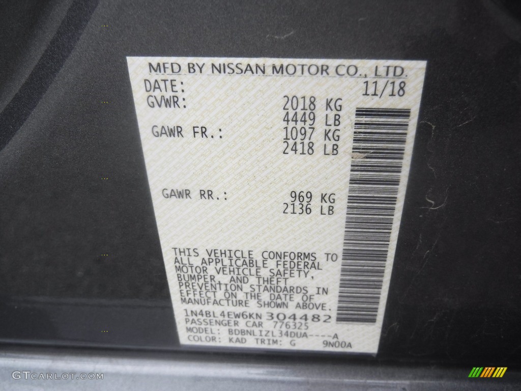 2019 Nissan Altima SL AWD Color Code Photos