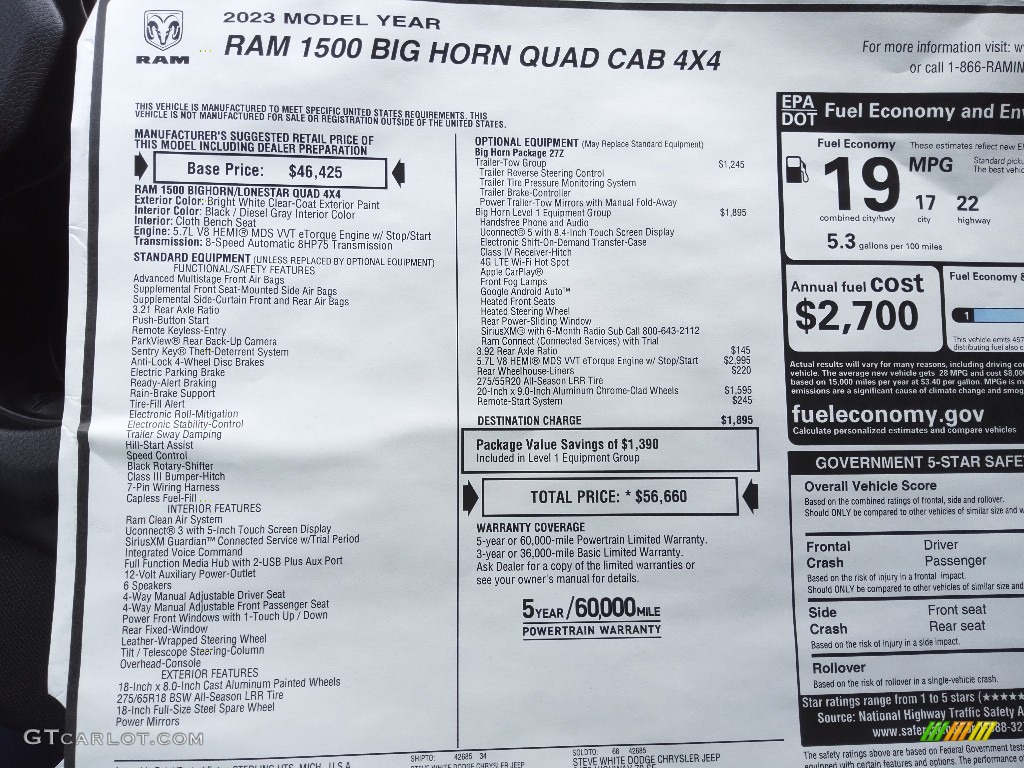 2023 Ram 1500 Big Horn Quad Cab 4x4 Window Sticker Photo #145889258