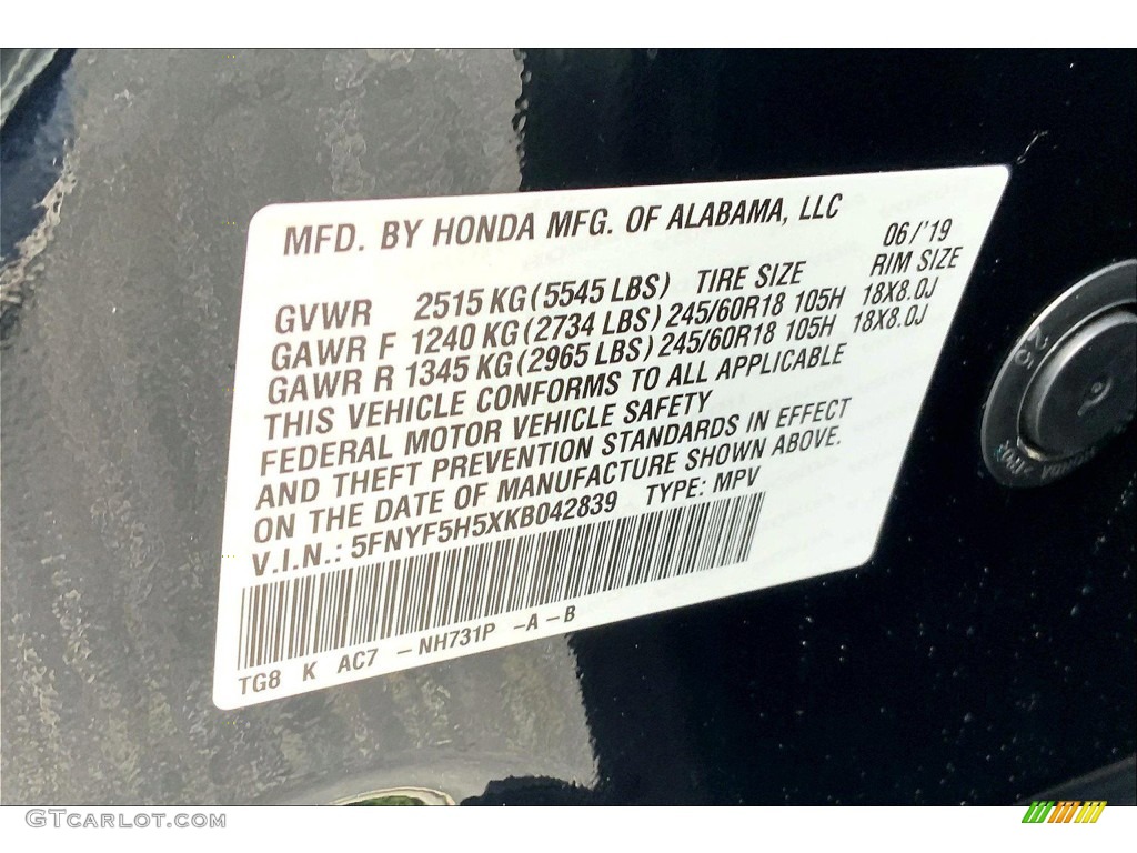 2019 Honda Pilot EX-L Color Code Photos