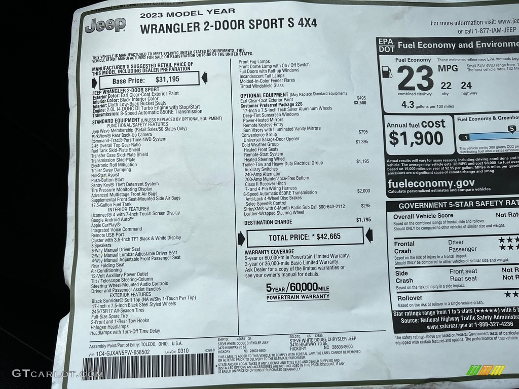 2023 Wrangler Sport S 4x4 - Earl / Black photo #25