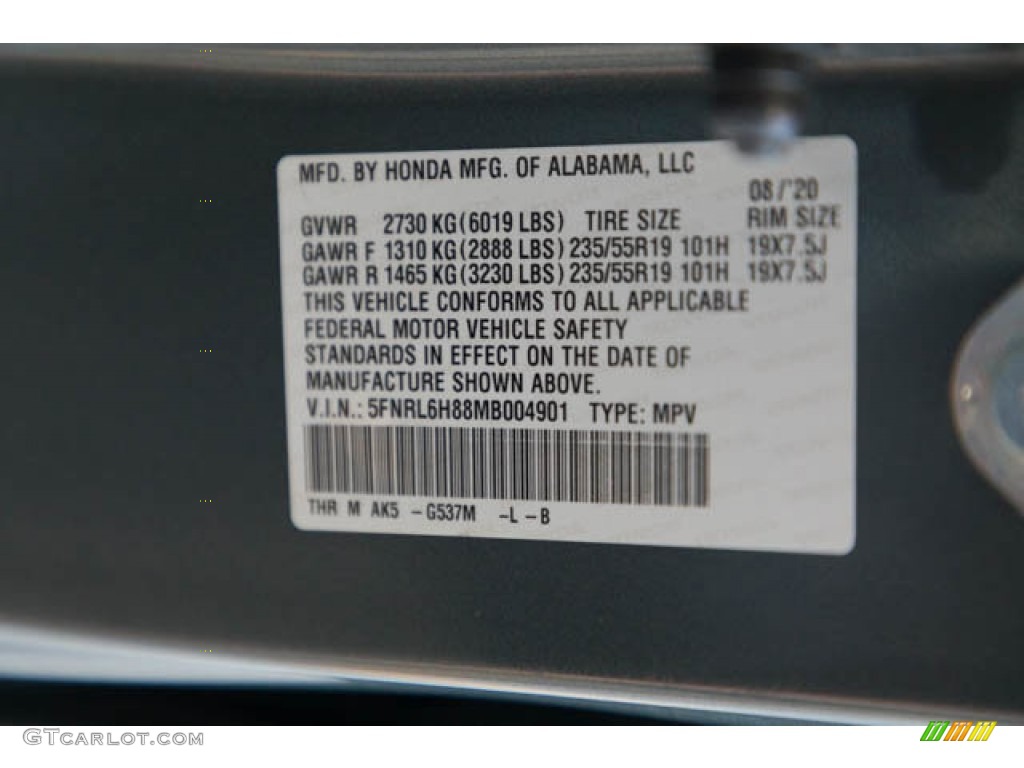 2021 Honda Odyssey Touring Color Code Photos