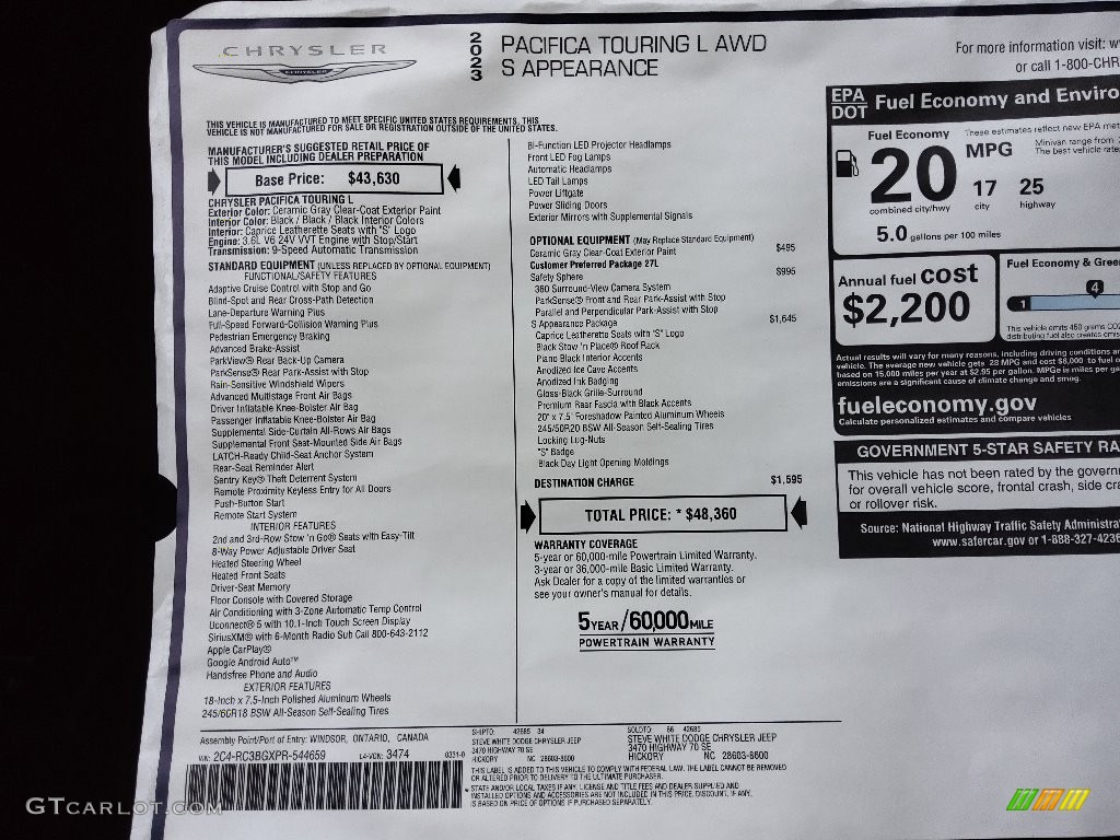 2023 Chrysler Pacifica Touring L AWD Window Sticker Photo #145922323