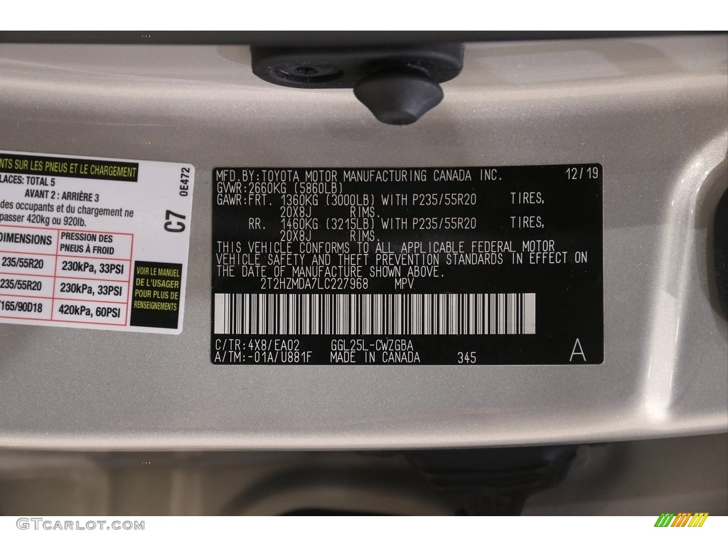 2020 Lexus RX 350 AWD Color Code Photos
