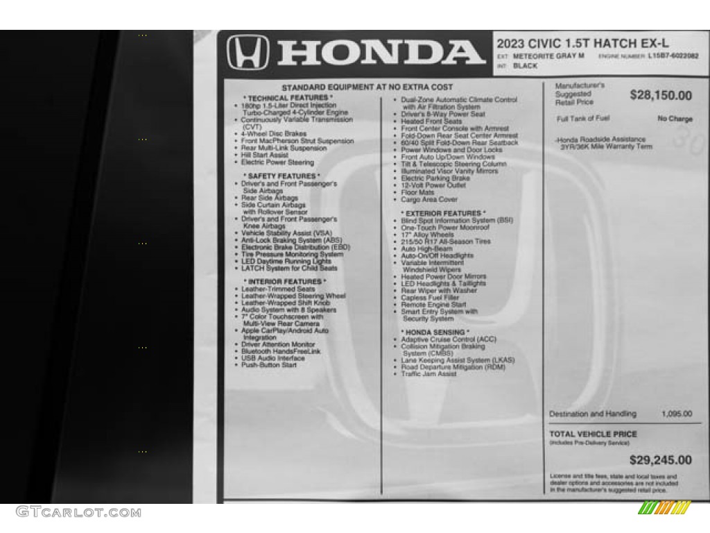 2023 Honda Civic EX-L Hatchback Window Sticker Photo #145951808