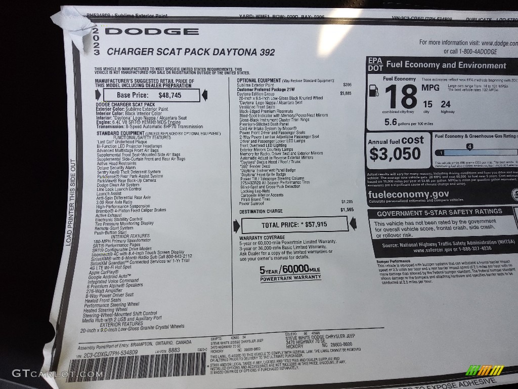 2023 Dodge Charger Scat Pack Daytona 392 Window Sticker Photo #145953023