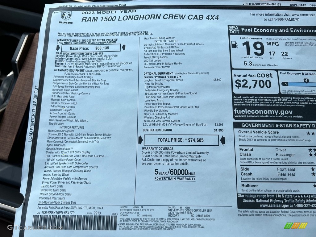 2023 Ram 1500 Long Horn Crew Cab 4x4 Window Sticker Photo #145981032