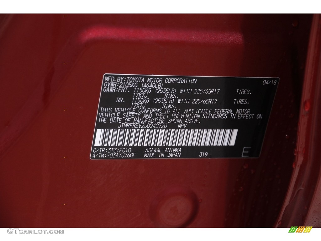 2018 Toyota RAV4 XLE AWD Color Code Photos