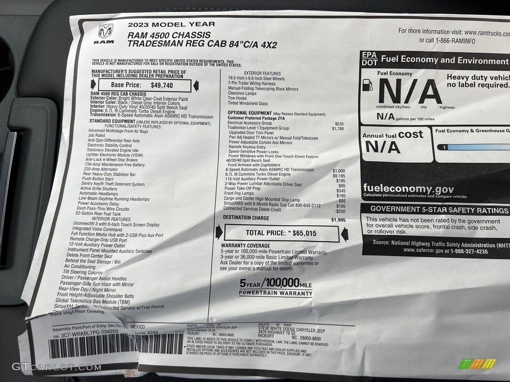 2023 Ram 4500 Tradesman Regular Cab Chassis Window Sticker Photo #146009152