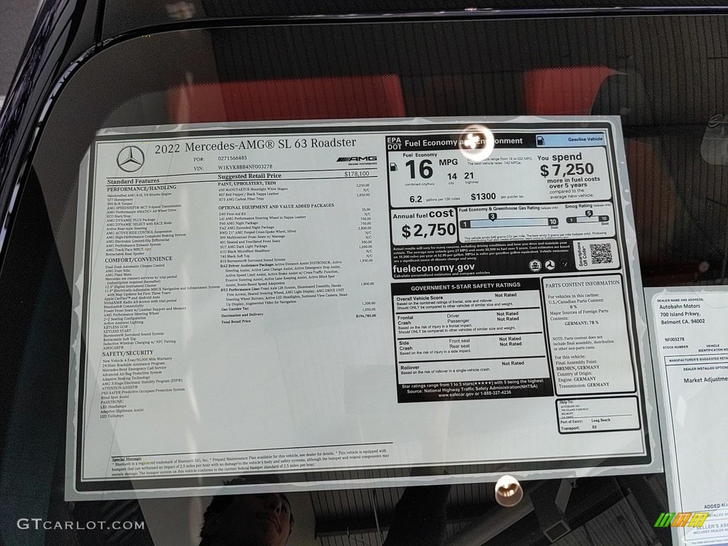 2022 Mercedes-Benz SL AMG 63 Roadster Window Sticker Photo #146009276