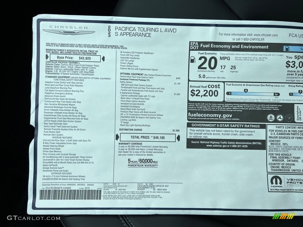 2023 Chrysler Pacifica Touring L AWD Window Sticker Photos