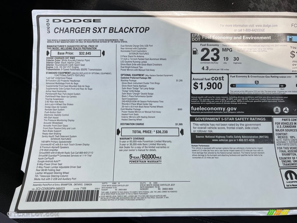 2023 Dodge Charger SXT Blacktop Window Sticker Photo #146034721