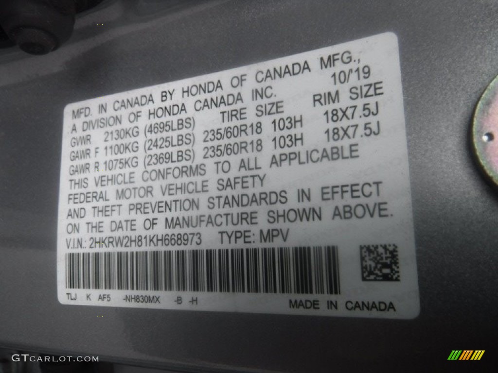 2019 CR-V EX-L AWD - Lunar Silver Metallic / Black photo #33