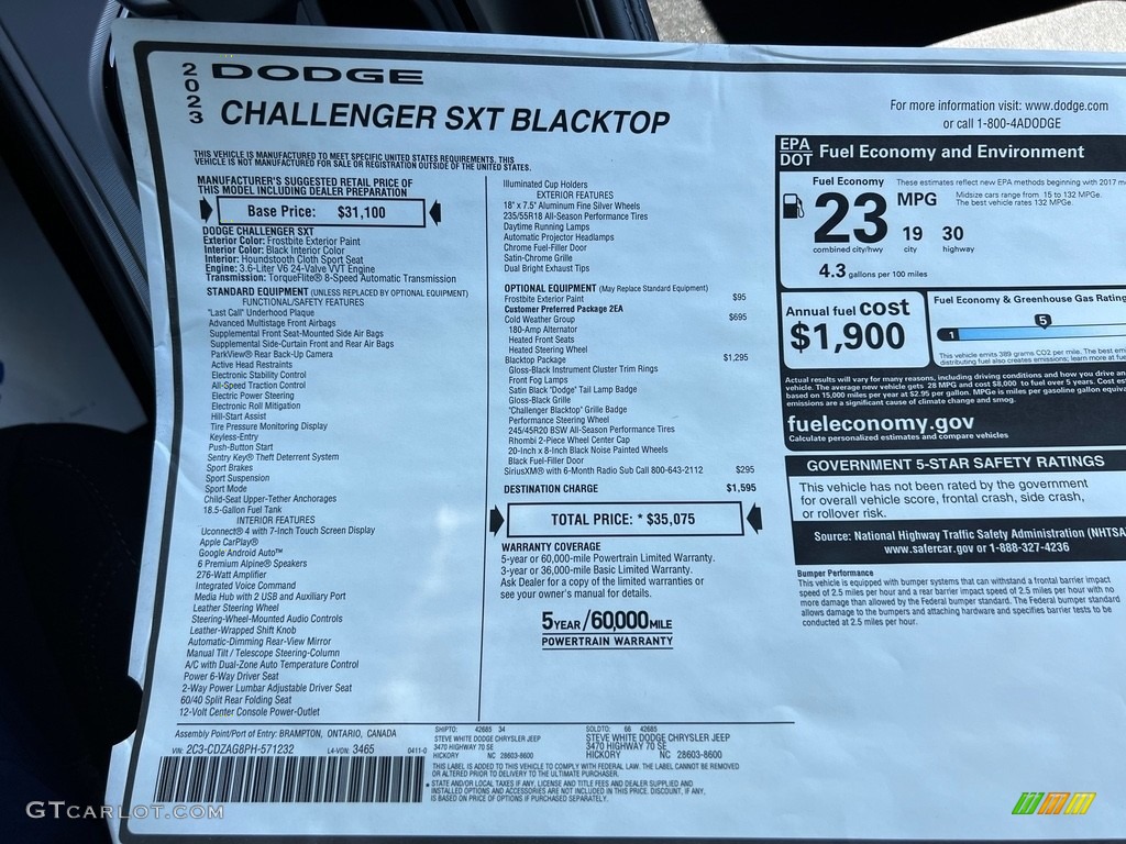 2023 Dodge Challenger SXT Blacktop Window Sticker Photo #146066693