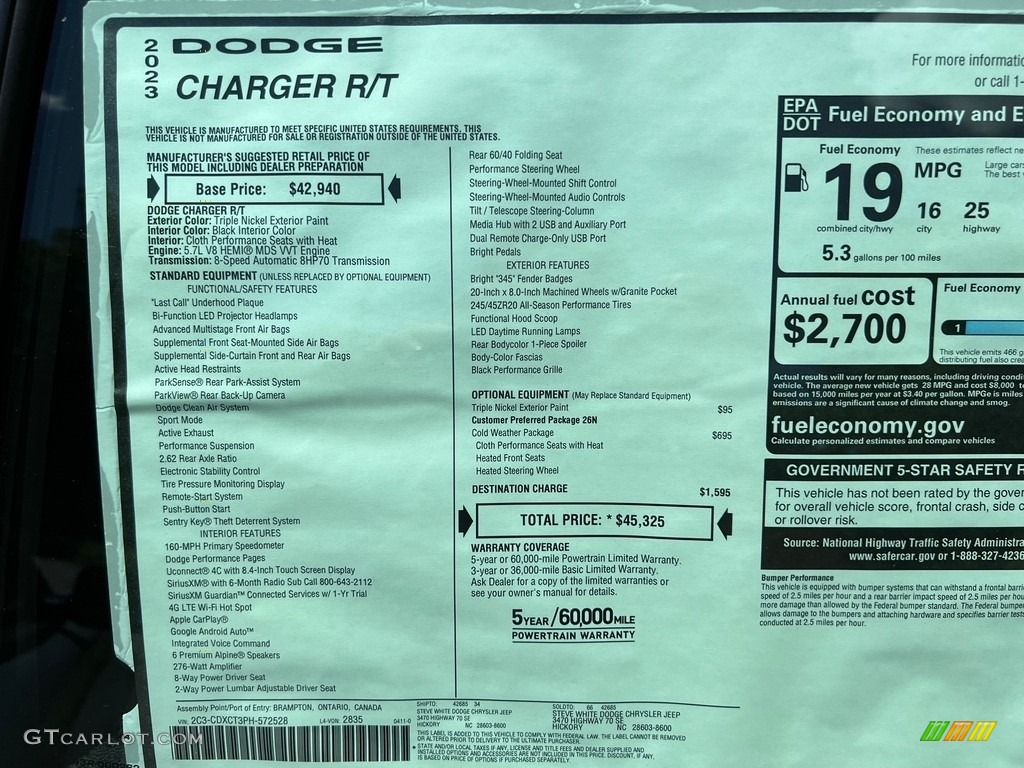 2023 Dodge Charger R/T Window Sticker Photo #146080734