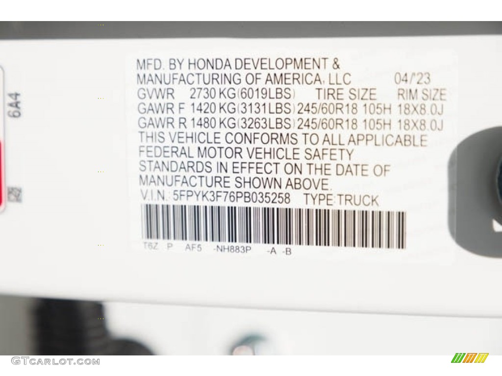 2023 Ridgeline Color Code NH883P for Platinum White Pearl Photo #146084617