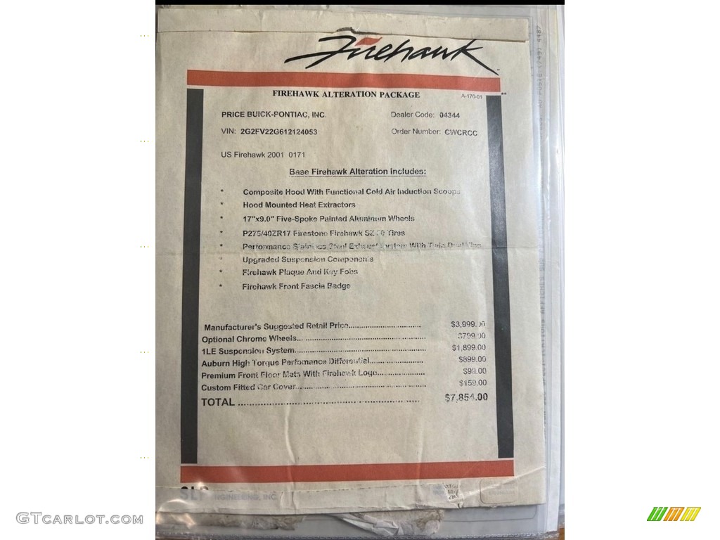 2001 Pontiac Firebird Trans Am Coupe Window Sticker Photos