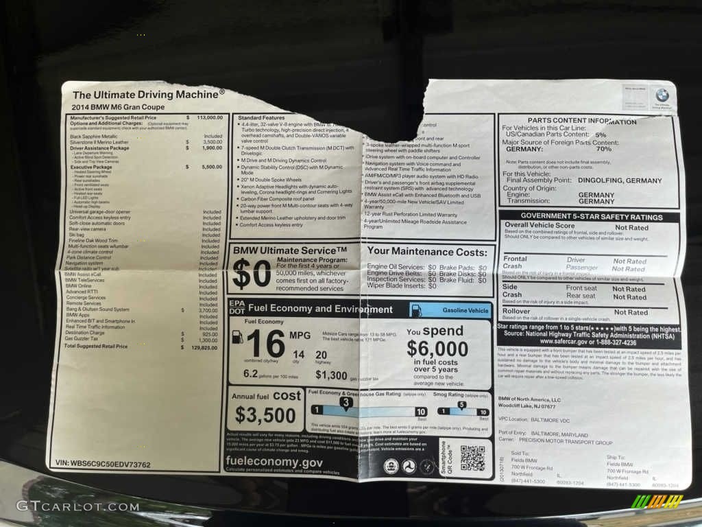 2014 BMW M6 Gran Coupe Window Sticker Photo #146094048