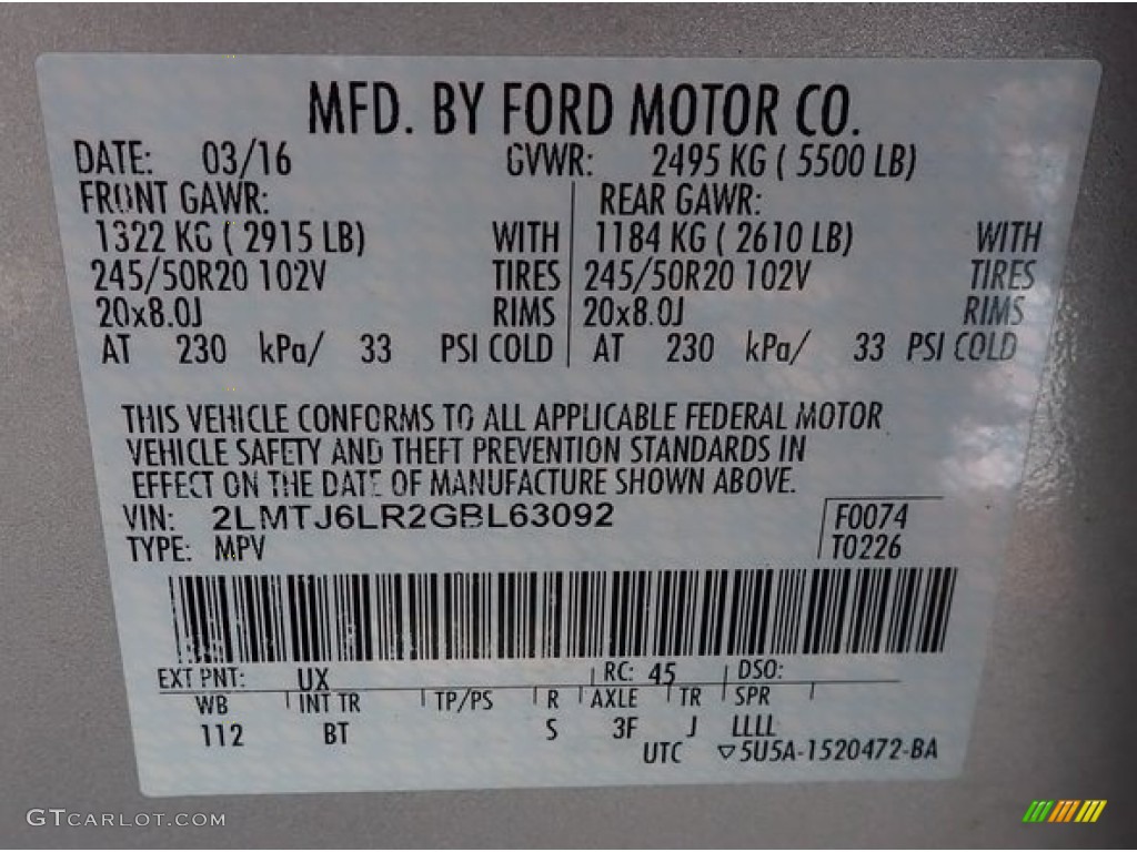 2016 Lincoln MKX Reserve FWD Color Code Photos