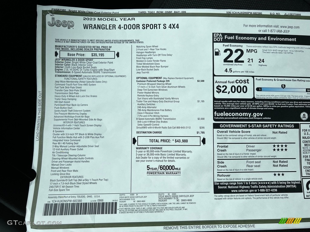 2023 Jeep Wrangler Unlimited Sport 4x4 Window Sticker Photos