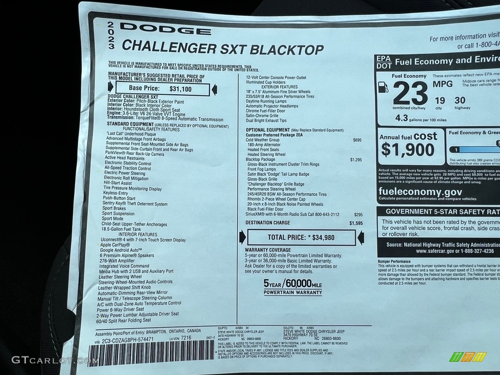 2023 Dodge Challenger SXT Blacktop Window Sticker Photo #146120489