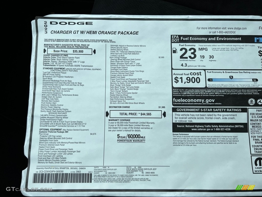2023 Dodge Charger GT Plus Hemi Orange Package Window Sticker Photos