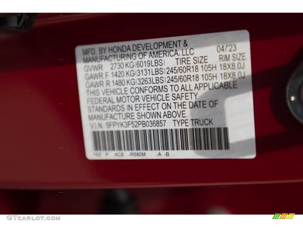 2023 Ridgeline Color Code R580M for Radiant Red Metallic II Photo #146132218