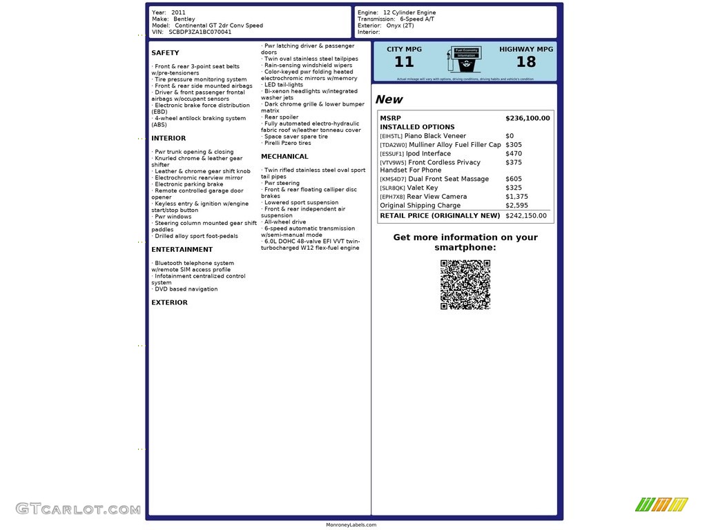 2011 Bentley Continental GTC Speed 80-11 Edition Window Sticker Photos