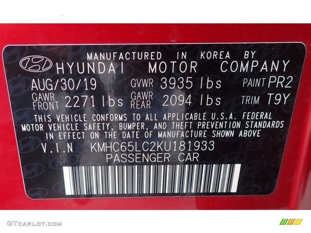 2019 Ioniq Hybrid Color Code PR2 for Scarlet Red Pearl Photo #146143341