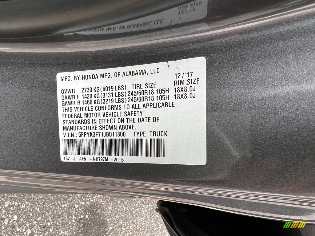 2018 Honda Ridgeline RTL-E AWD Color Code Photos