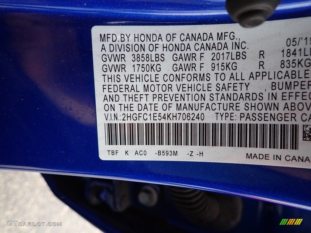 2019 Honda Civic Si Sedan Color Code Photos