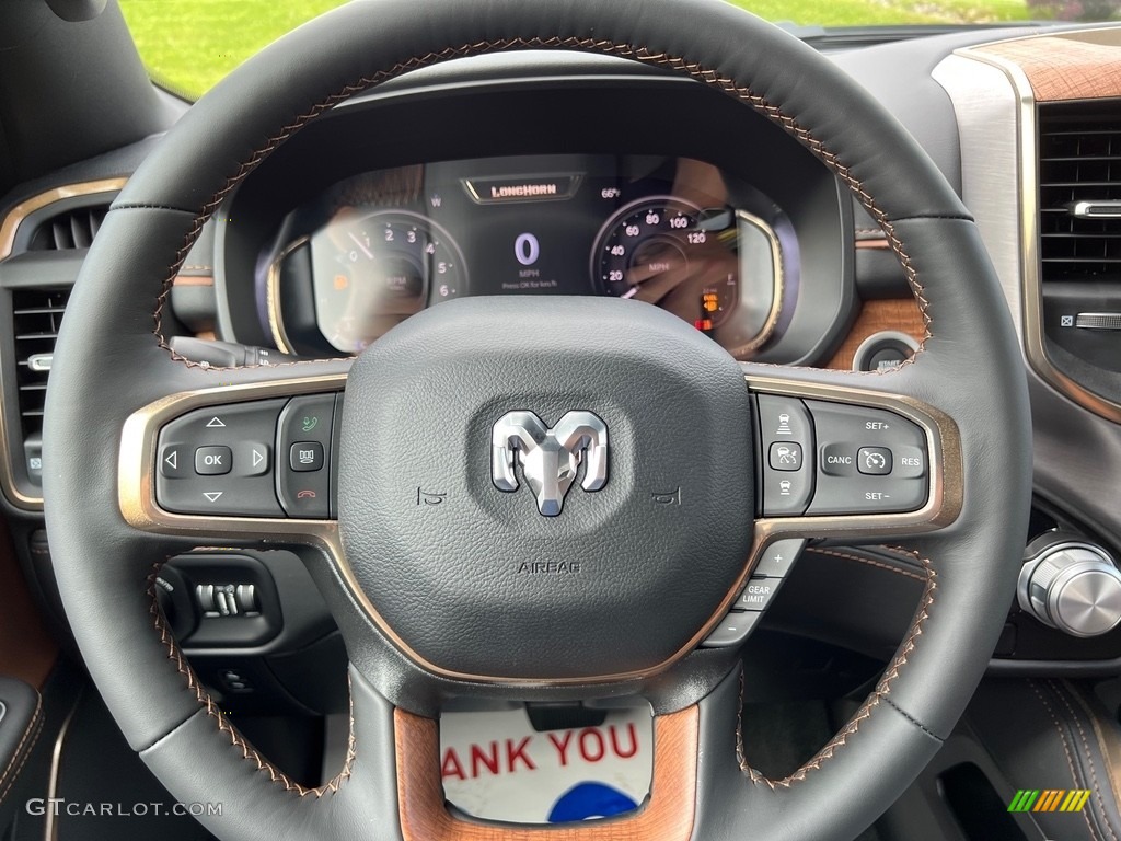2023 Ram 1500 Long Horn Crew Cab 4x4 Black/New Saddle Steering Wheel Photo #146175958