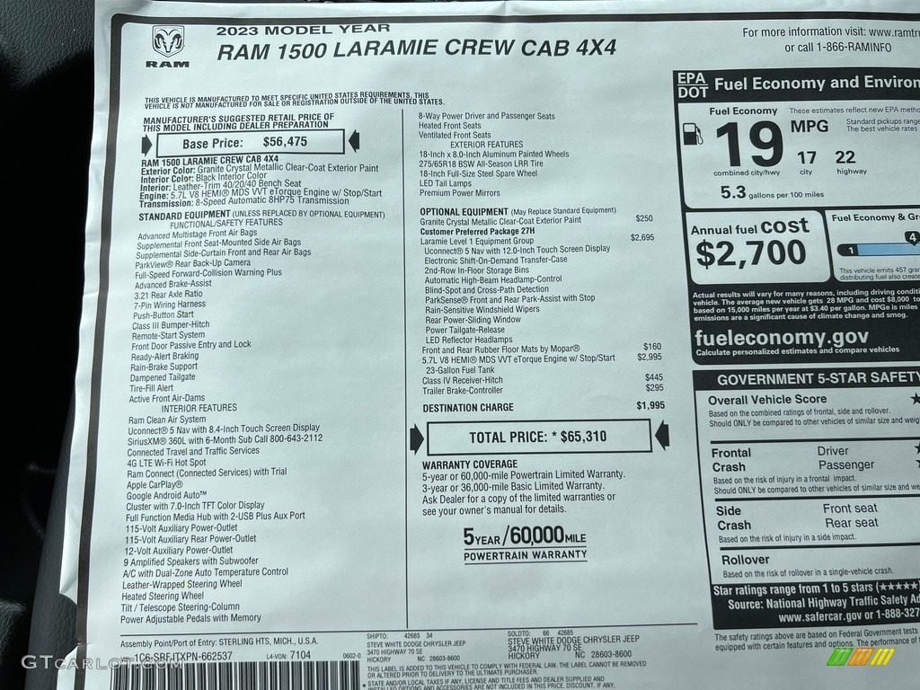 2023 Ram 1500 Laramie Crew Cab 4x4 Window Sticker Photo #146177946