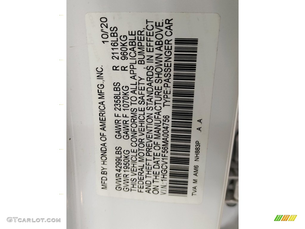 2021 Accord Color Code NH883P for Platinum White Pearl Photo #146185374