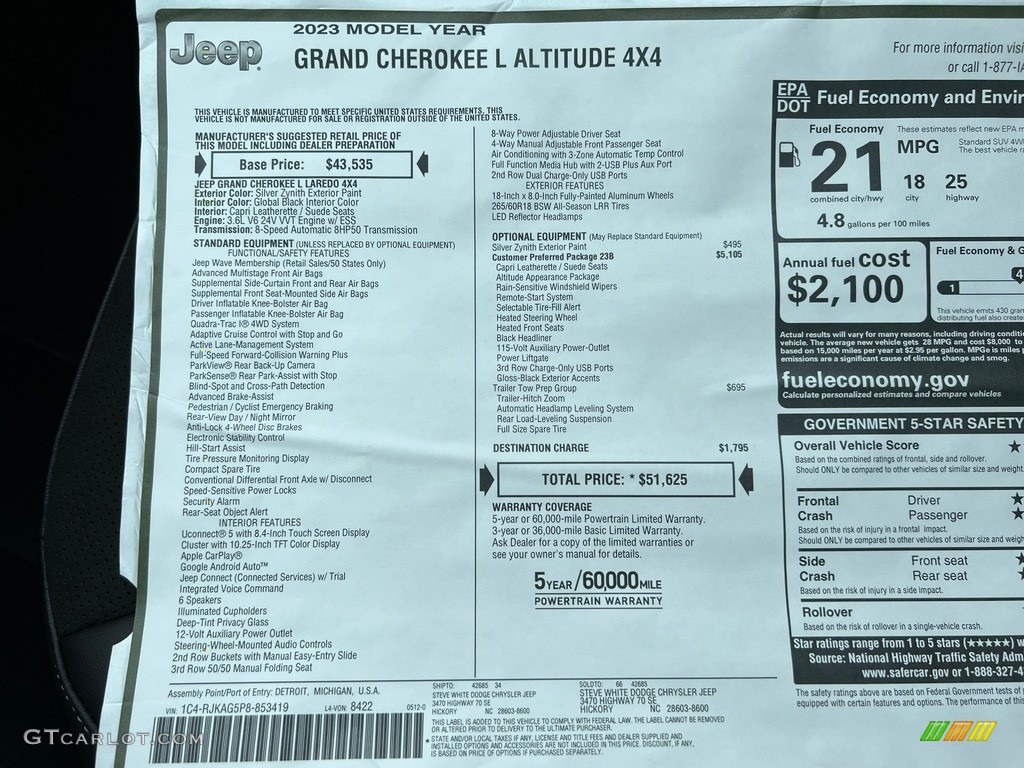 2023 Jeep Grand Cherokee L Altitude 4x4 Window Sticker Photo #146185716