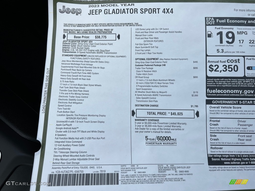 2023 Jeep Gladiator Sport 4x4 Window Sticker Photo #146187201