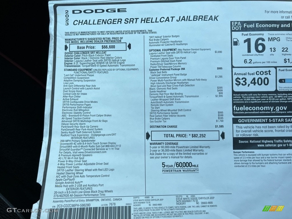 2023 Dodge Challenger SRT Hellcat JailBreak Window Sticker Photo #146187987