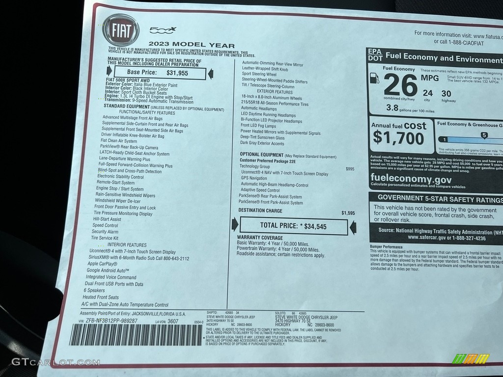 2023 Fiat 500X Sport AWD Window Sticker Photo #146189469