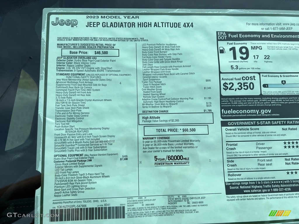 2023 Jeep Gladiator High Altitude 4x4 Window Sticker Photos