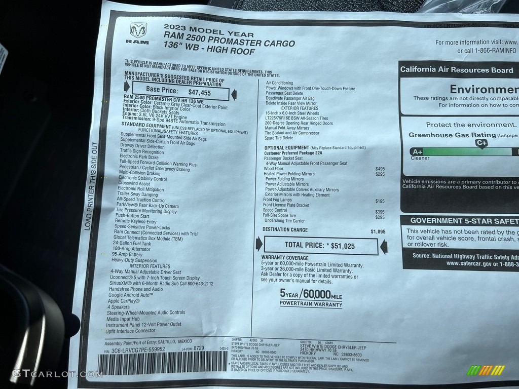2023 Ram ProMaster 2500 High Roof Cargo Van Window Sticker Photo #146194149