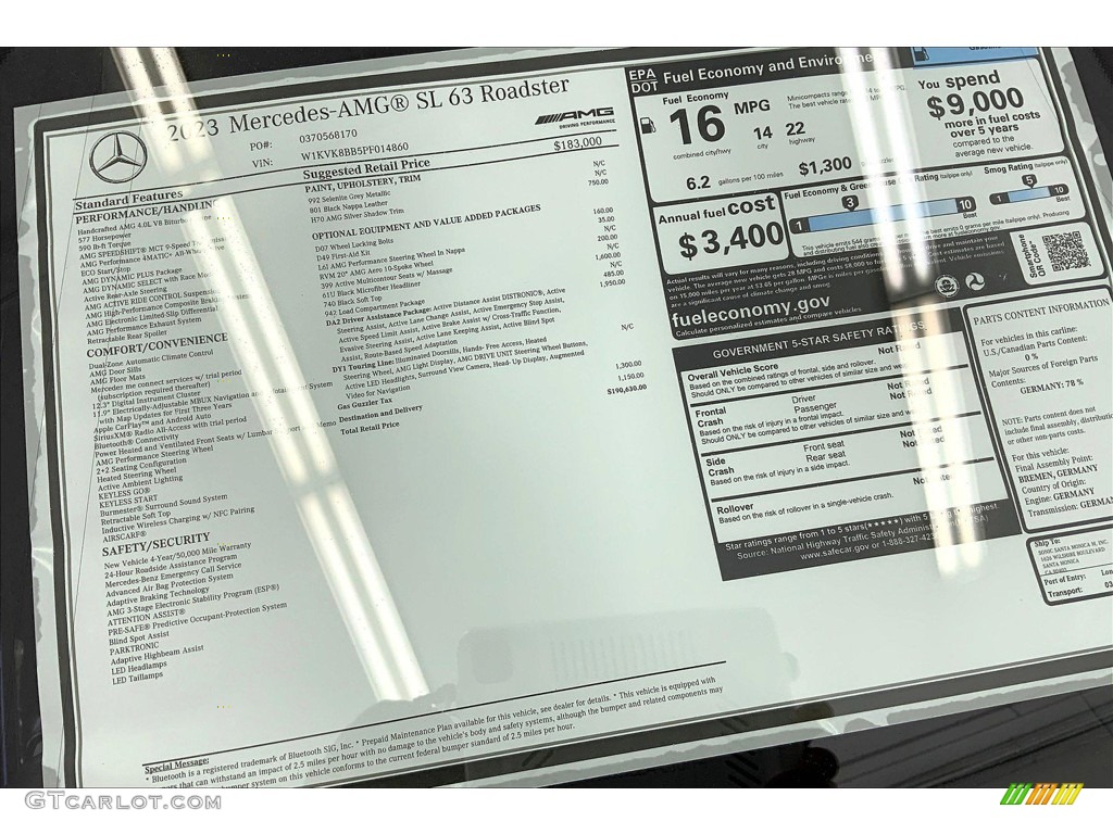 2023 Mercedes-Benz SL AMG 63 Roadster Window Sticker Photo #146196255