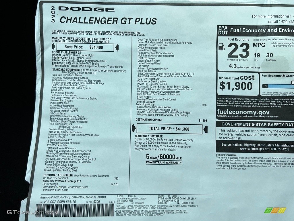2023 Dodge Challenger GT Plus Window Sticker Photos
