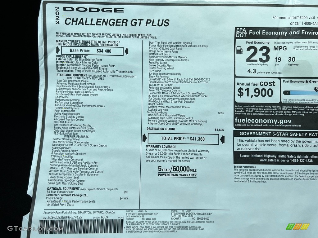 2023 Dodge Challenger GT Plus Window Sticker Photo #146196414