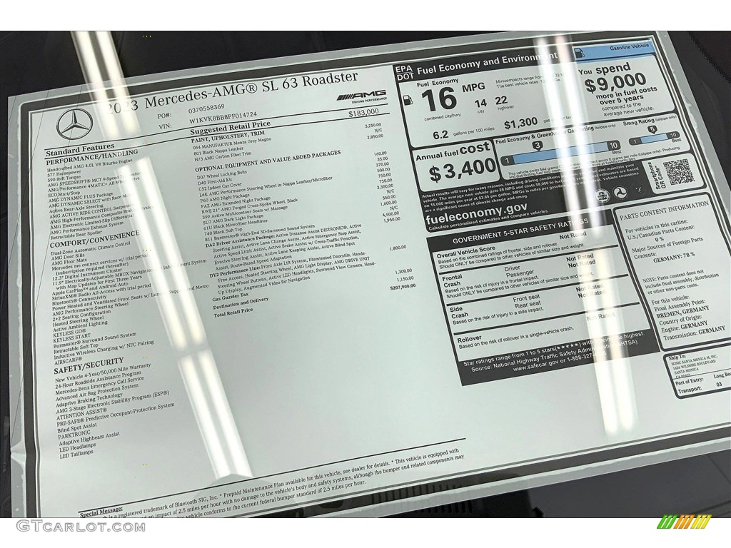 2023 Mercedes-Benz SL AMG 63 Roadster Window Sticker Photo #146196582
