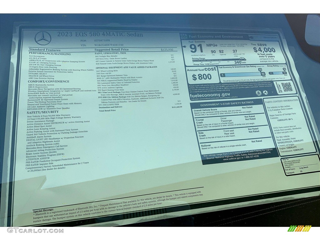 2023 Mercedes-Benz EQS 580 4Matic Sedan Window Sticker Photo #146199342